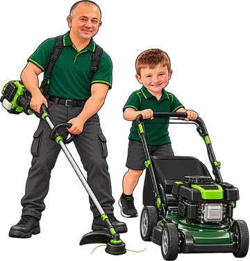Caricature of Brad with a whipper snipper and Jett pushing a lawn mower