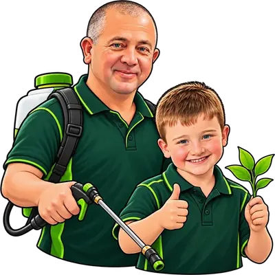 Caricature of Brad with a spray wand and Jett giving a thumbs up
